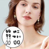 Fiaya Women 6 Pairs Stainless Steel Cross Dangle Huggie, Hinged Hoop Earrings, Jewelry Gifts for Men Women (Black)