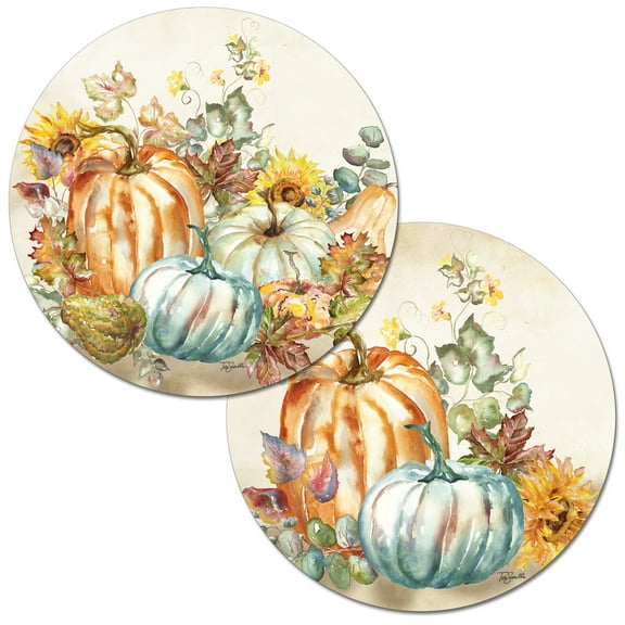 Wipe-Clean Round Reversible Shaped Placemats, Harvest Pumpkins & Sunflowers, Set of 2, Made in The USA