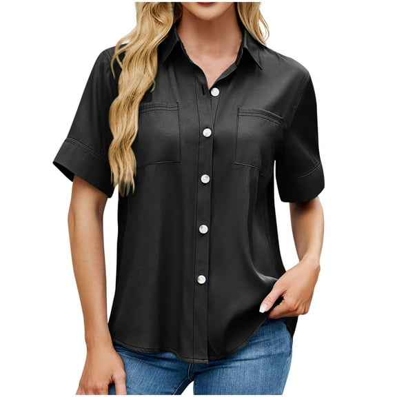 ZQGJB Casual Button up Denim Shirts for Women Lightweight Solid Color Summer Short Sleeve Lapel Collar V Neck Business Work Tops with Pockets Black M