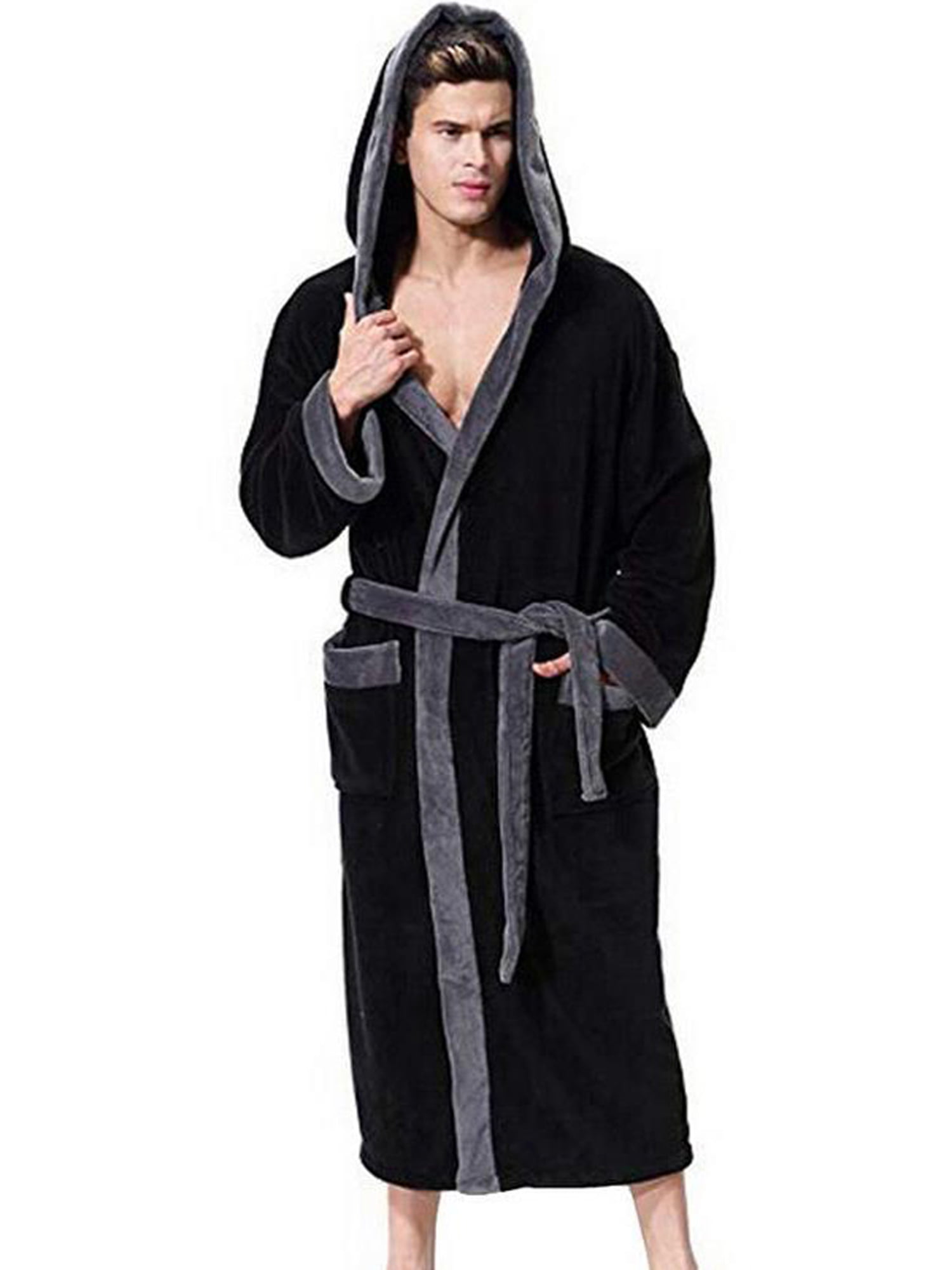 Men Winter Hooded Long Bathrobe Plus Size Sleepwear Mens Cozy Plush Bath Robe