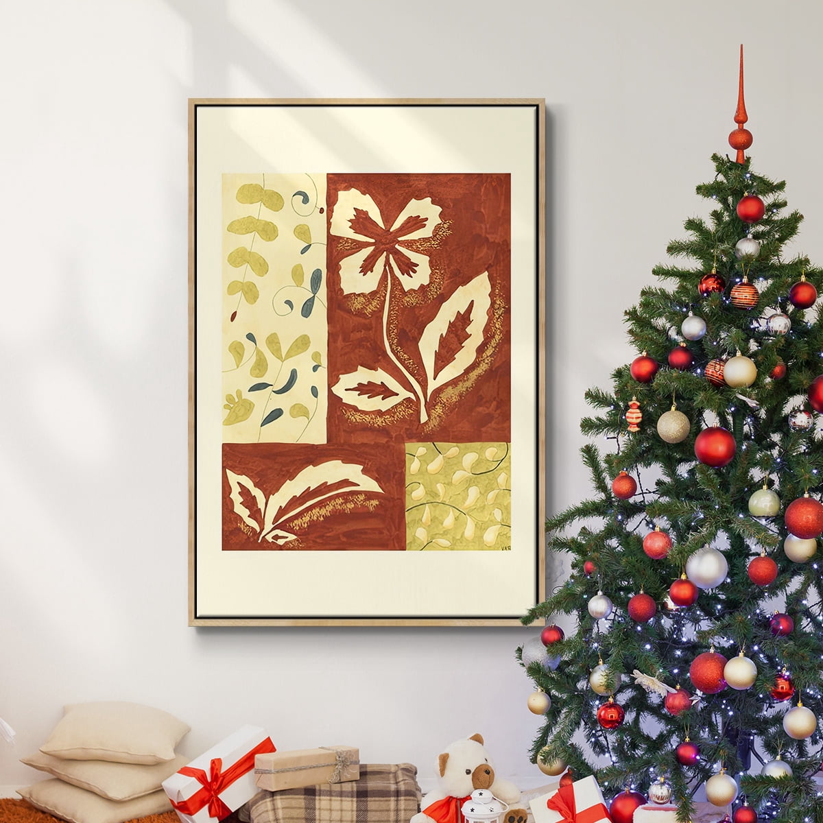 Festive Floral II - Framed Gallery Wrapped Holiday Canvas - 27 x 41 - Natural Wood Frame