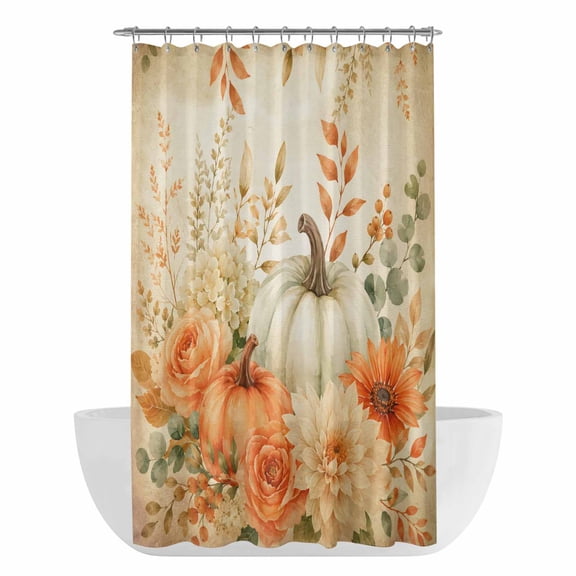 Fall Pumpkin Shower Curtain - Water Repellent Fabric Shower Curtains Washable, Thanksgiving Harvest Leaves Floral Rustic Khaki Decorative Polyester Cloth Bathroom Curtains Modern Bath Decor 36"x72"