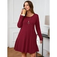 thumbnail image 2 of SHOWMALL Women's Plus Size Midi Dress Long Sleeves with Pockets, Burgundy 1X Swing A-Line, Soft & Breathable, Everyday Knee Length, 2 of 10