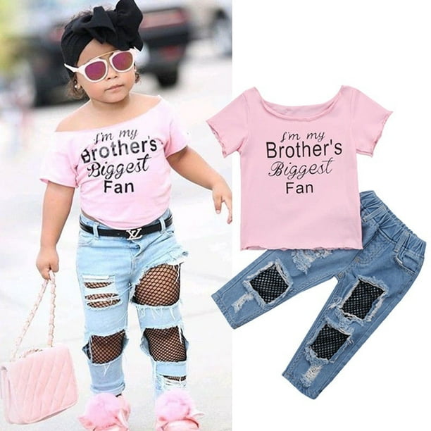 Baby Fashion Kids Baby Girl Cotton T shirt Tops+Mesh Jeans Pants 2pcs  Outfits Set Clothes 