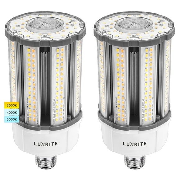Luxrite 18W/27W/36W LED Corn Light Bulb, 150W HID Equivalent, 3 Color Selectable, Up to 5450 Lumens, E26/E27 Base 2-Pack