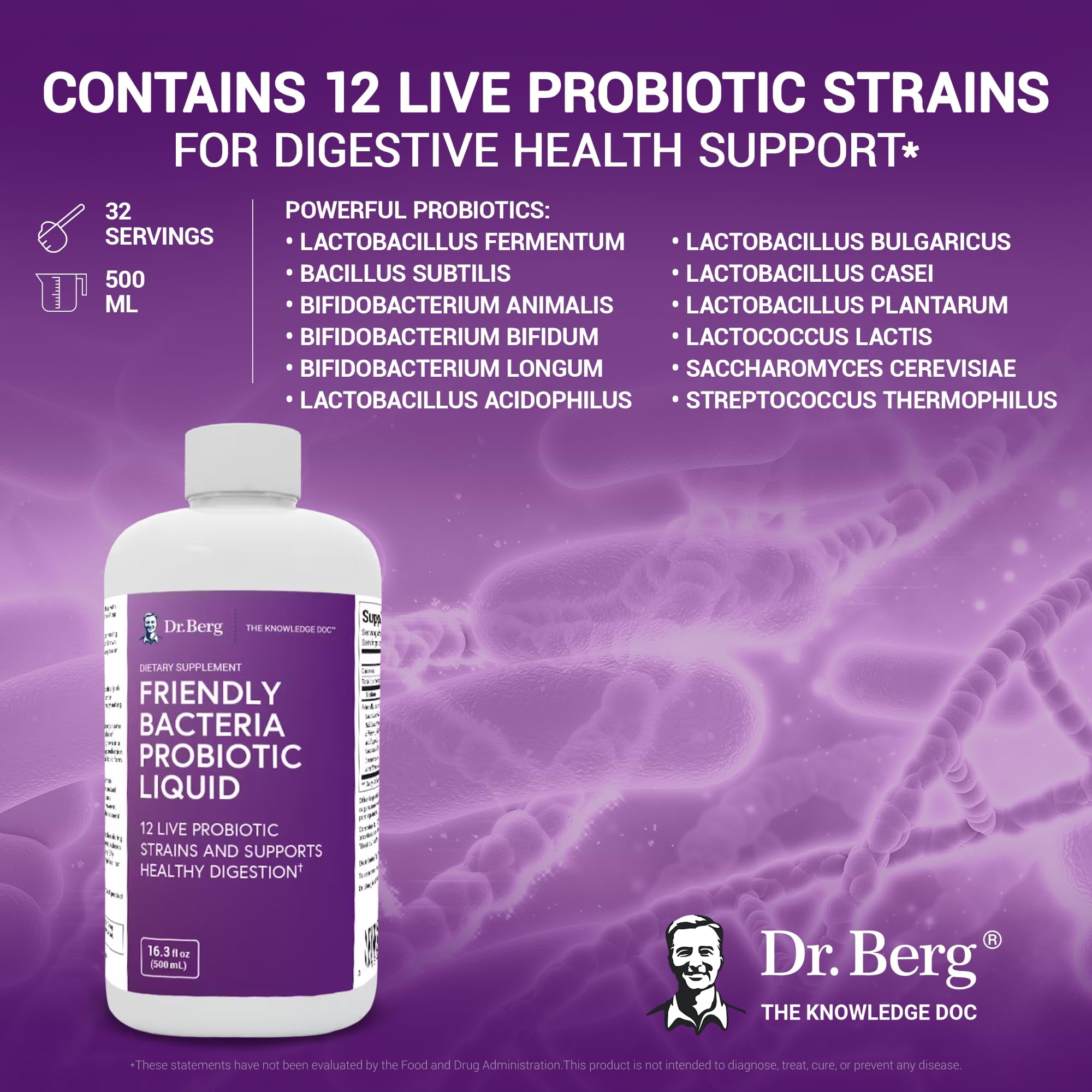 Dr. Berg Probiotic Liquid - Probiotic Drink Mix w/ 12 Live Probiotic Strains - Men Women & Kids - 500 ml