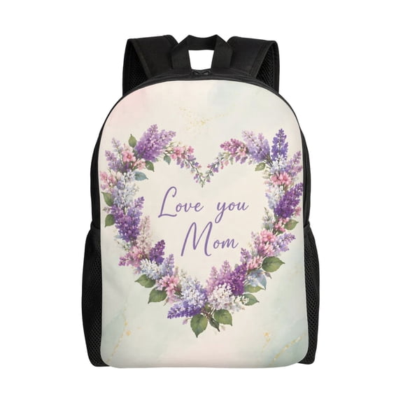 Mothers Day Lavender Floral Heart Backpack Full Front Print Travel Laptop Bag for Men and Women