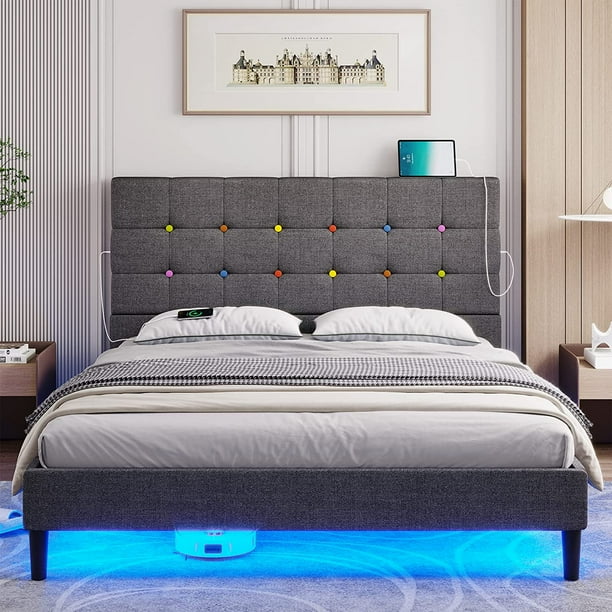 Full Size Platform Bed Frame with 2 USB Ports,Modern Upholstered Led