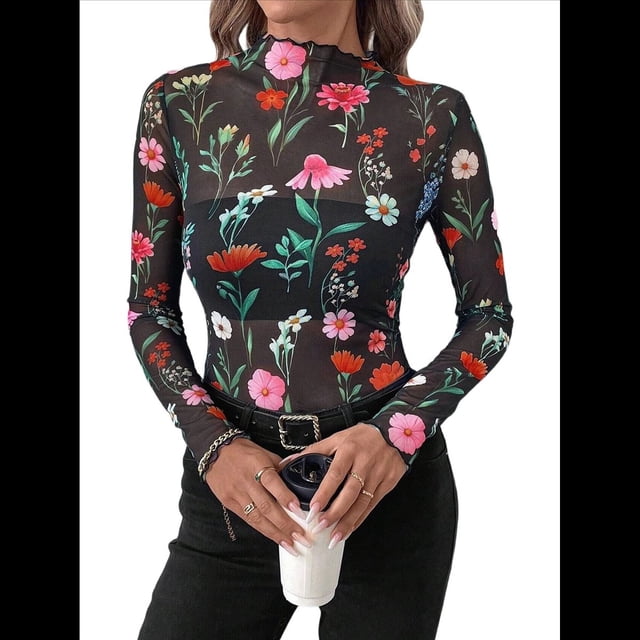 Blusas de de Larga para Mujer, Cuello Alto, Transparentes, para Salir, Ropa de Club. Colorido S