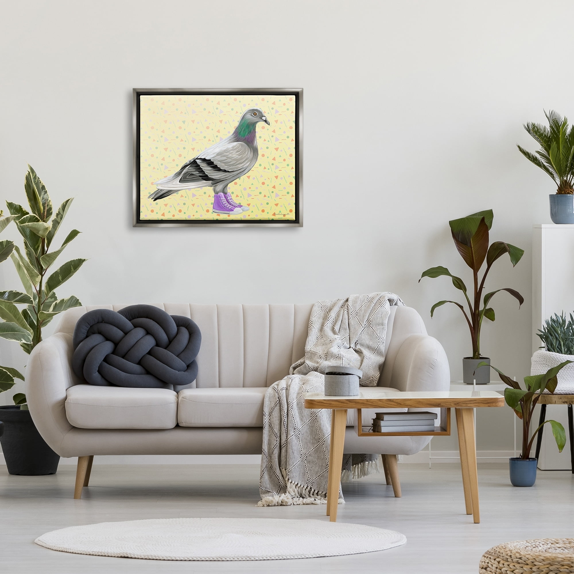 Stupell Industries Pigeon In Purple Sneakers Retro Patterned Background Graphic Art Luster Gray Floating Framed Canvas Print Wall Art, Design by Amelie Legault