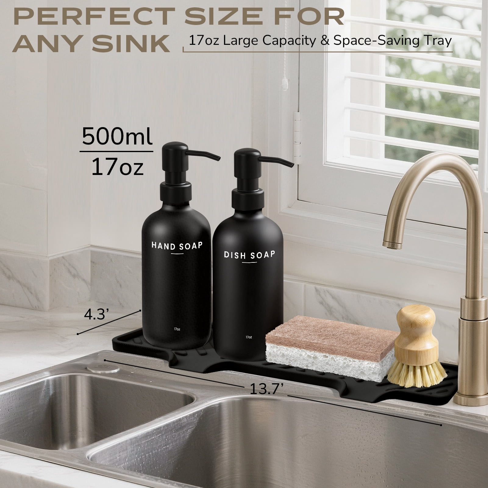 Kitchen Soap Dispenser Set - 17fl oz Glass Bottle, Stainless Steel Pump, Instant Dry Tray and Dish Brush for Bathroom, Office, Hotel, Modern Kitchen Decor & Accessories, Black