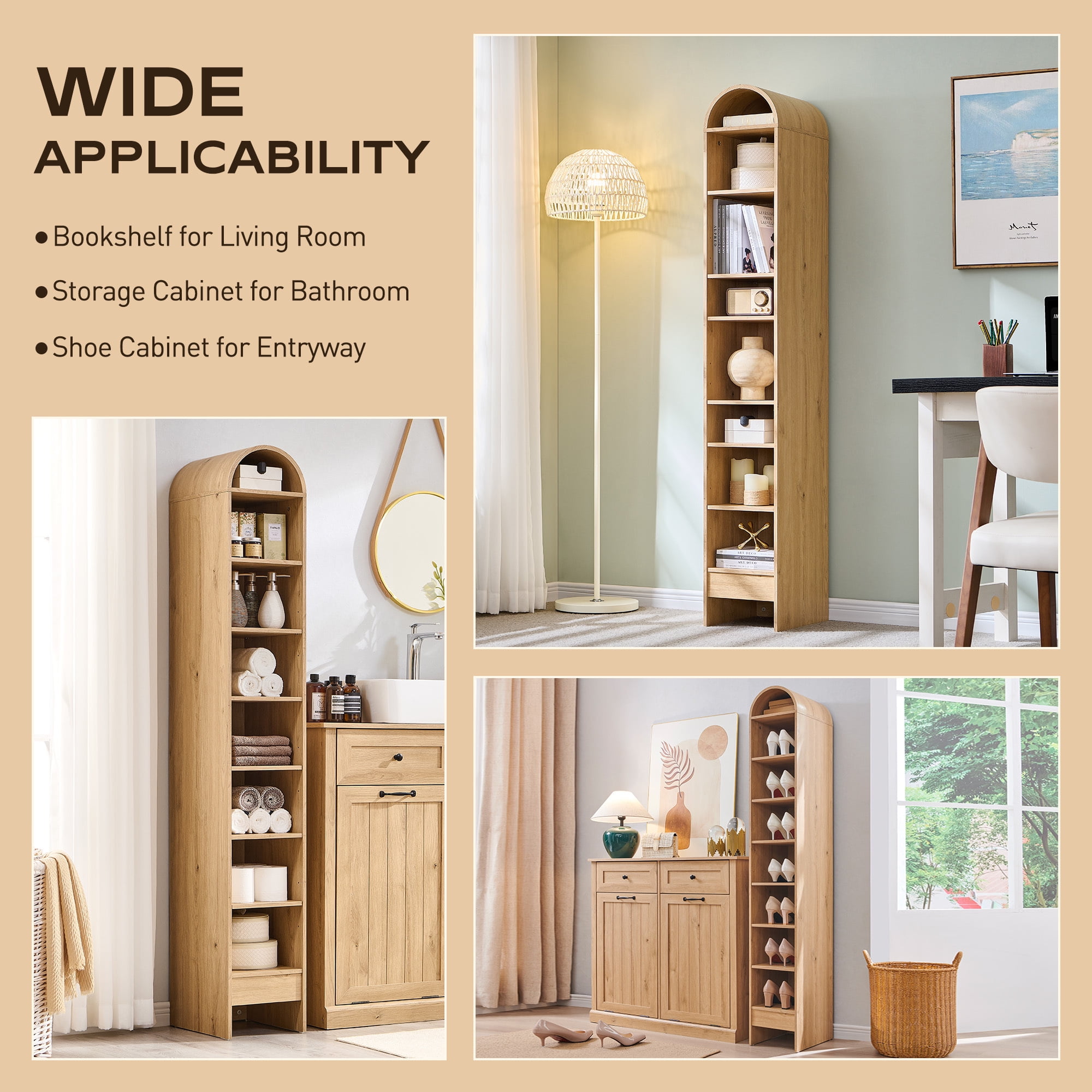 SinCiDo Narrow Arched Bookcase, 8-Tier Open Shelf Bookcase, Medium Density Fiberboard