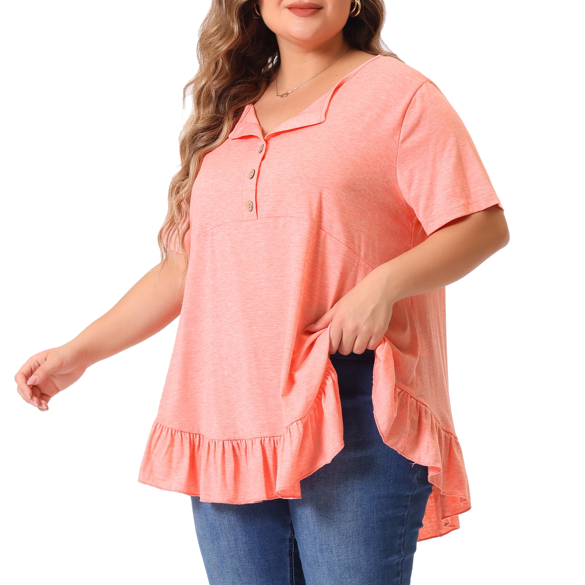 Women's Plus T Shirts Henley V Neck Button Up Short Sleeve Ruffled Hem Blouses Tops 4X Pink