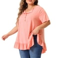 thumbnail image 2 of DARING DIVA Women's Plus V Neck Button Up Ruffled Hem Blouse Tops 1X Pink, 2 of 6
