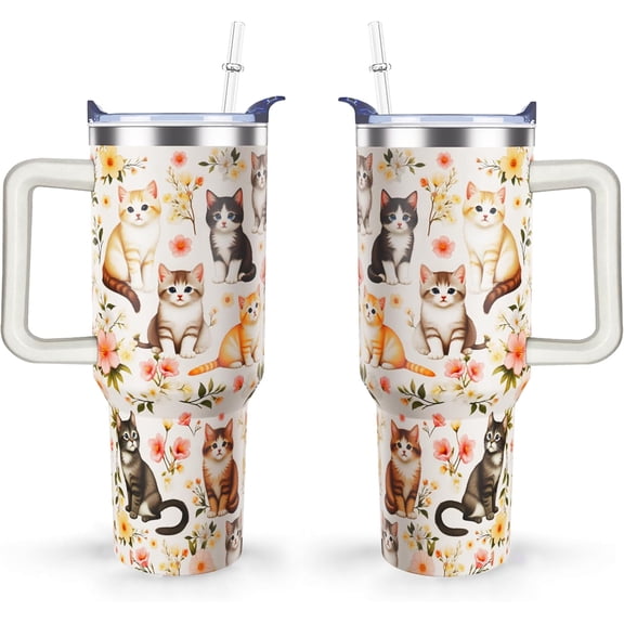 40 oz Cute Cat Tumbler with Handle and Straw Lid cat gifts for cat lovers for Women Double Insulated Cup Travel Coffee Mug