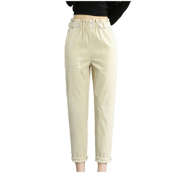 IROINNID Savings Women's Cargo Pants Solid Pockets High Waist Pants Ladies Button Slim Pants,Beige
