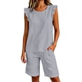 thumbnail image 7 of BODOAO Women's Fashion Jumpsuit Ruffle Sleeve Crew Neck Romper Drawstring Overalls with Pockets, Casual Summer Travel Beach Vacation One Piece Outfit for Daily Wear Outfit Light Ashy 3XL, 7 of 7