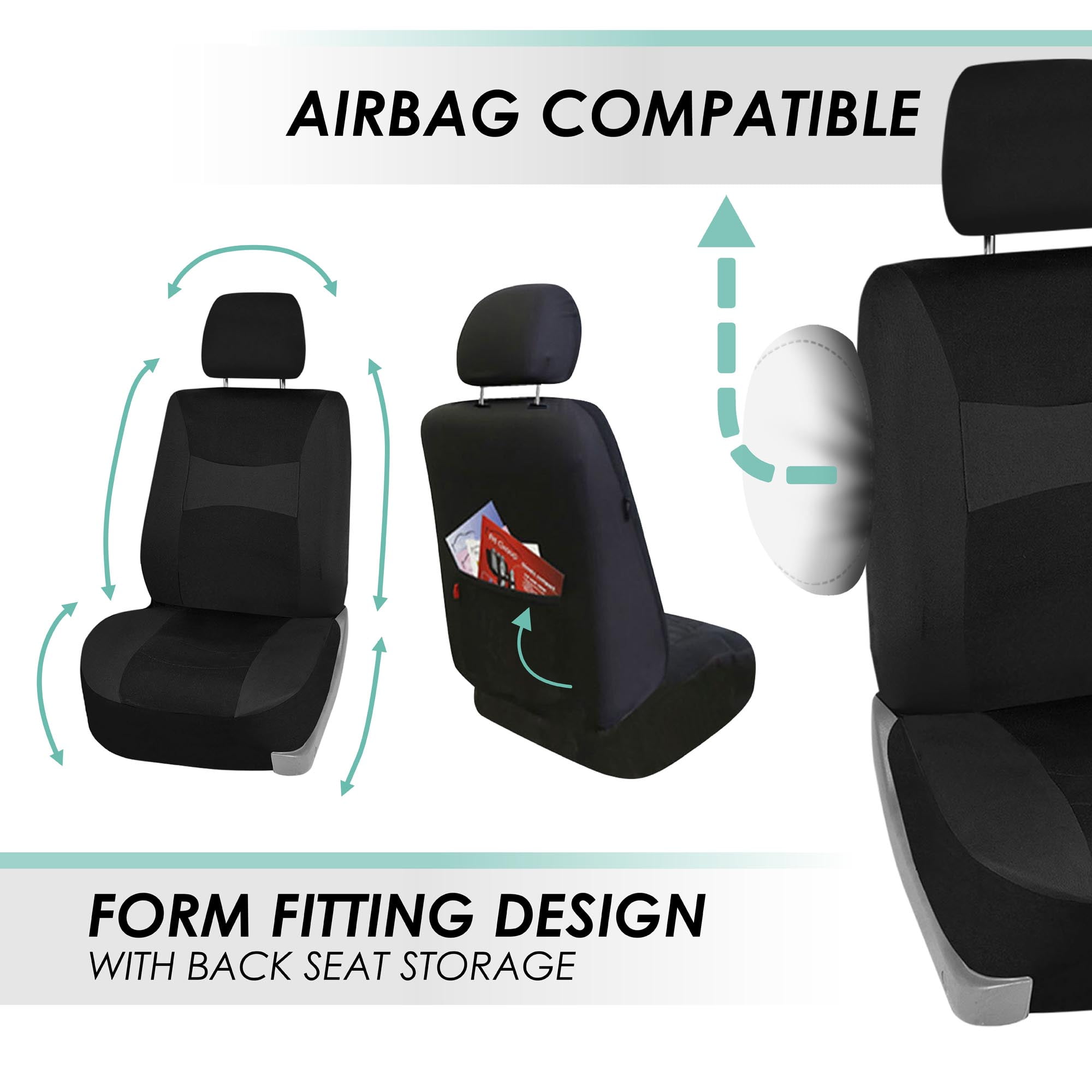 FH Group Universal Fit Cloth Car Seat Covers w/ Steering Cover & Belt Pads Full Set Black