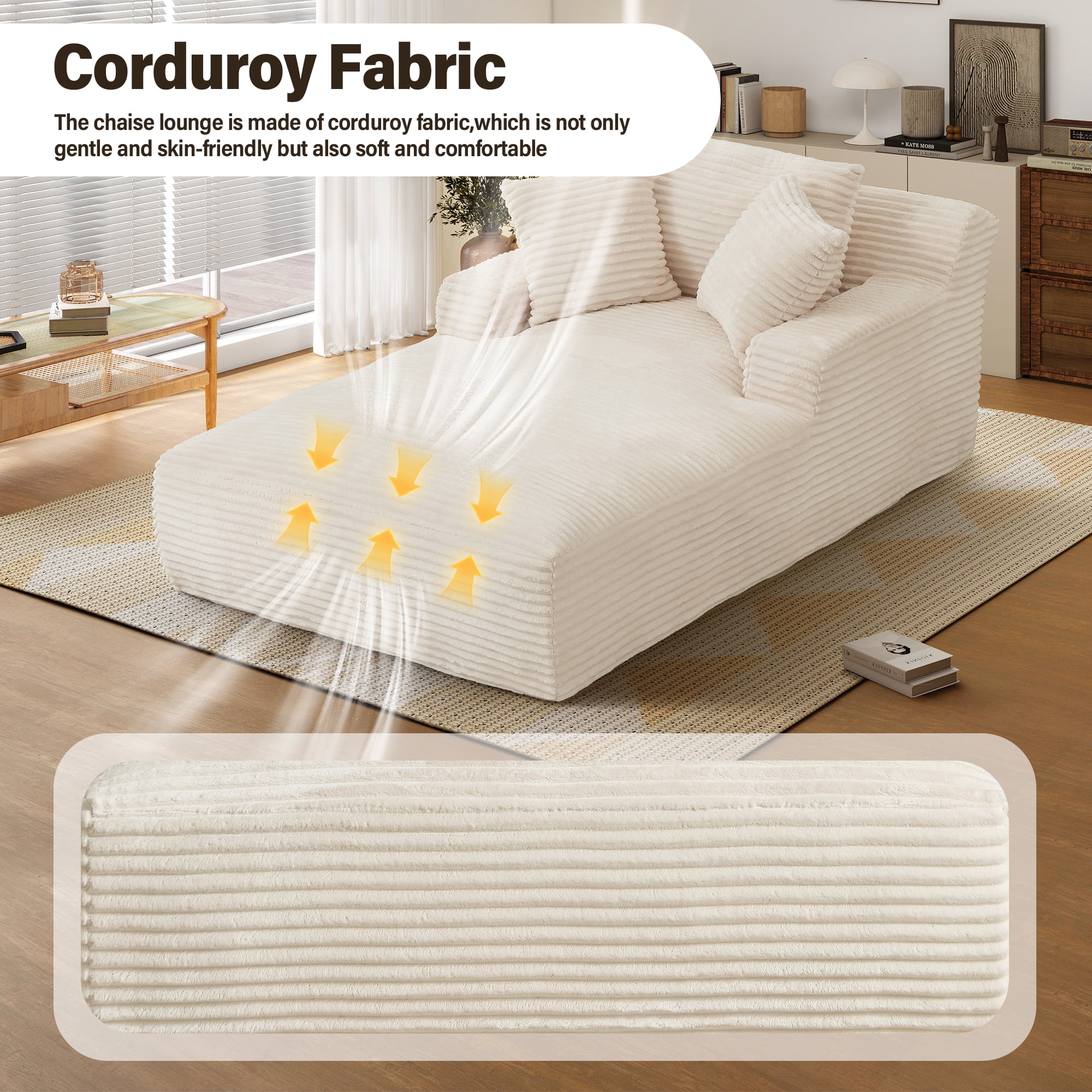 Aukfa 78.7" Extra Long Chaise Lounge Sofa, Oversized Upholstered Couch with 3 Pillows for Indoor Living Room/Bedroom,Beige