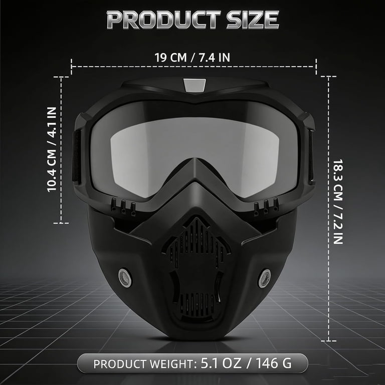 Detachable Full Face Goggle Mask – Anti-Fog PC Shield, Ventilated, Elastic Strap, For Riding, Welding, Grass Cutting, Yard Work, And Workshop Use (Transparent)