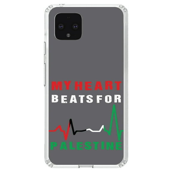 DistinctInk Clear Shockproof Hybrid Case for Google Pixel 4 XL (6.3" Screen) - TPU Bumper, Acrylic Back, Tempered Glass Screen Protector - My Heart Beats for Palestine
