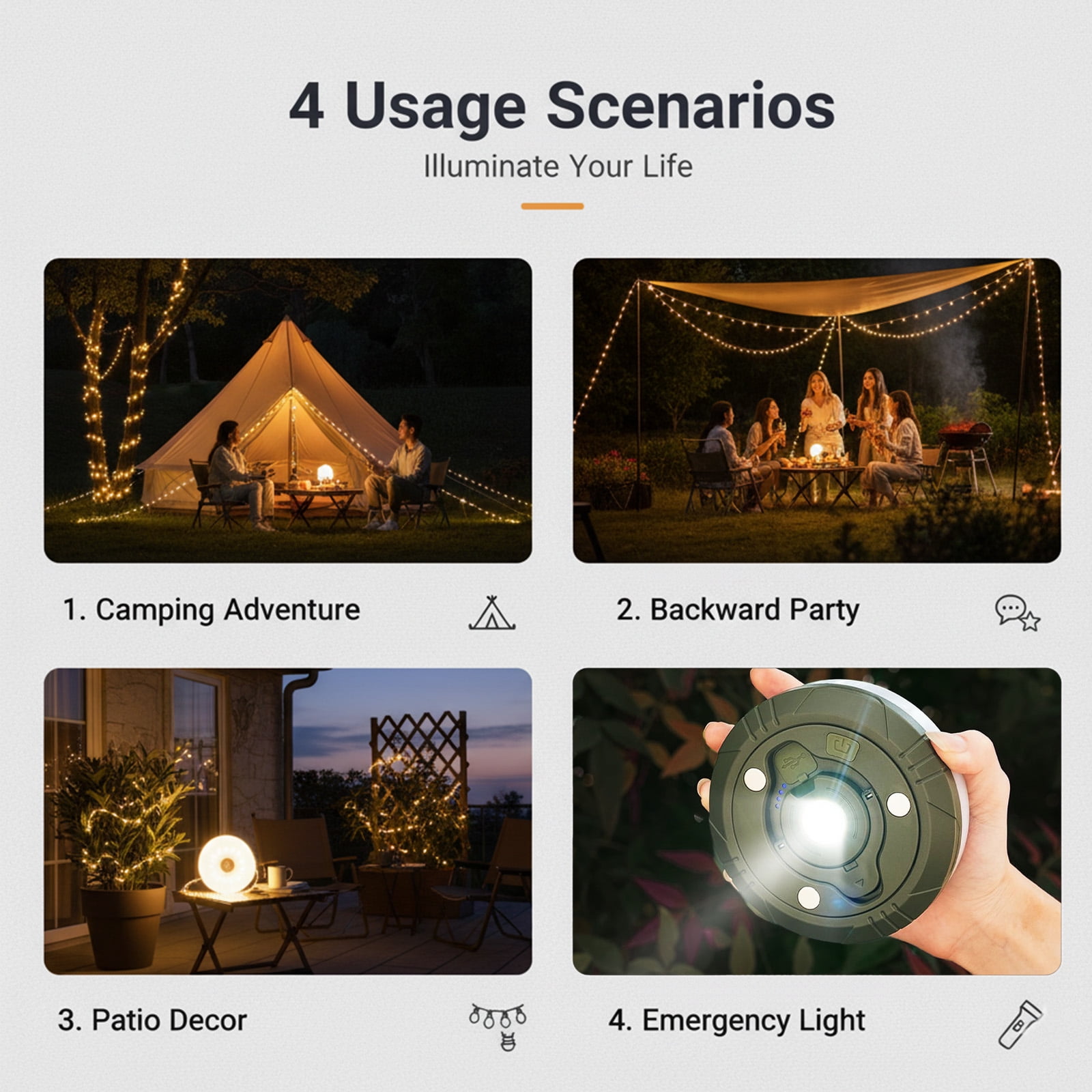 BAOKALER 2 Pack Camping String Lights Retractable, 32.8ft Outdoor Camping Lanterns with 5 Lighting Modes, 2000MAH Camping Lights Rechargeable, USB, Waterproof