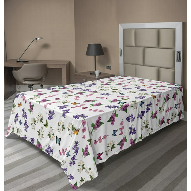 Floral Flat Sheet, Bouquet of Purple Spring Flowers a Magnolias Violets