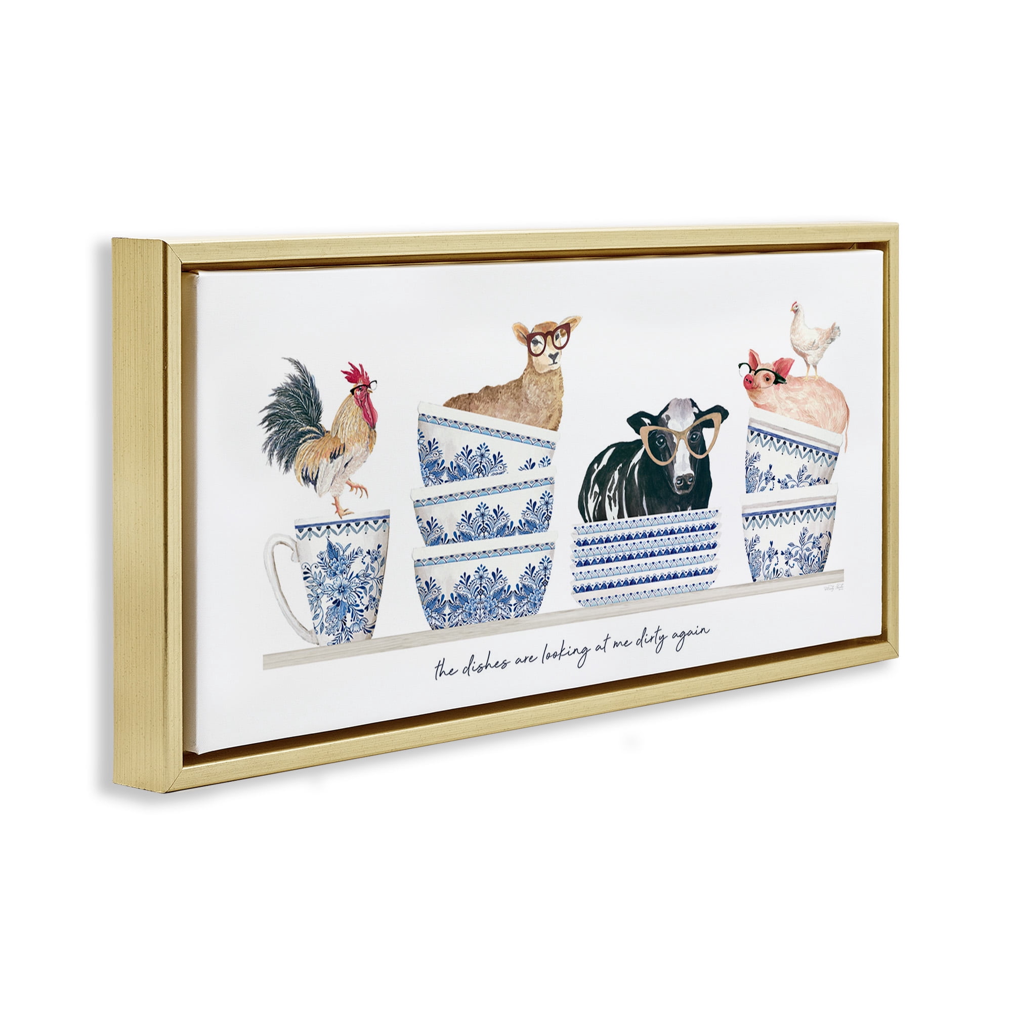Stupell Industries Farmhouse Dirty Dishes Animals & Insects Painting Gold Floater Framed Canvas Art Print Wall Art, 25 x 11