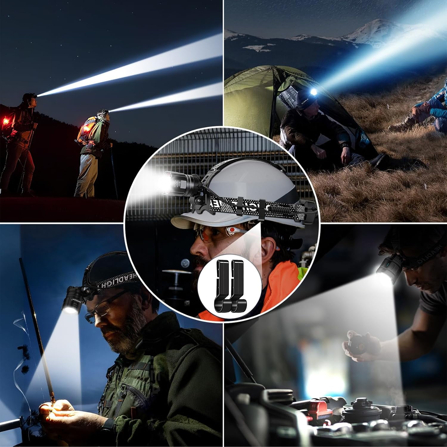 Headlamp Rechargeable Super Bright 2 Pack, High Lumen LED Head Lamp with Motion Sensor, 5 Modes, Zoomable Head Light for Forehead, 90° Adjustable, Waterproof Headlamps for Adults Hard Hat Camping