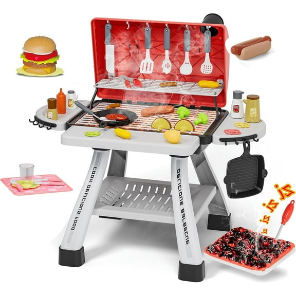 Kids BBQ Grill Playset With Realistic Smoke, Sounds & Lights – 2-layer Pretend Kitchen Toy With 30  Accessories, Interactive Cooking Game for Boys & Girls Ages 3-8