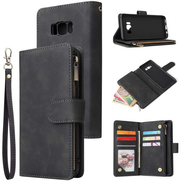 UEEBAI Wallet Case for Samsung Galaxy S8 Plus, Premium Vintage PU Leather Magnetic Closure Handbag Zipper Pocket Case