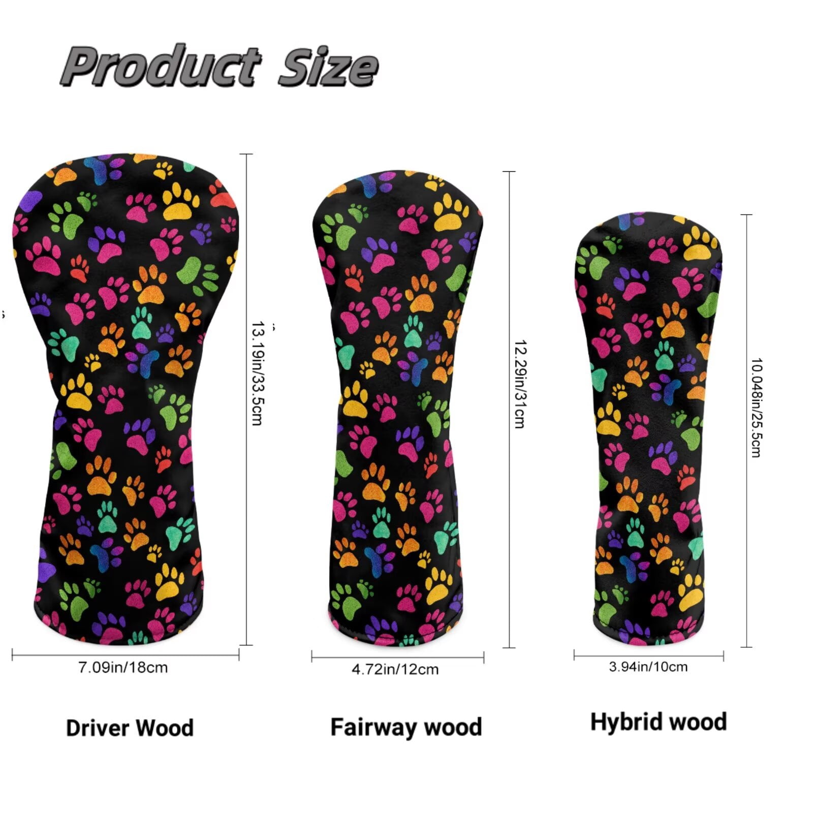 Uorisanigo 3pcs Golf Club Head Covers Colorful Dog Paws Headcovers for Driver Fairway Woods Hybrirds, Premium PU Leather Accessories for Women Men, Soft Interior Protect Club Head
