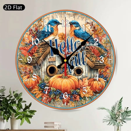 Yellow Gingham Birdhouse Birds Floral Round Wall Clock Silent Non-Ticking Farmhouse Decor