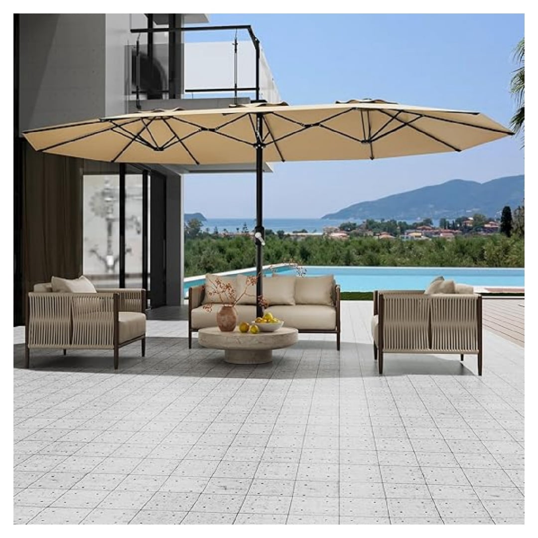 Heavy Duty 15FT Patio Umbrella with Weighted Base - Double-Sided Sun Shade for Outdoor Dining, Poolside, Backyard (Crank Handle, UV Blocking Fits 2-8 People)