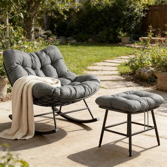 LAZZO Outdoor Rocking Chair with Ottoman, Patio Rocker with Soft Cushion for Garden & Balcony, Gray