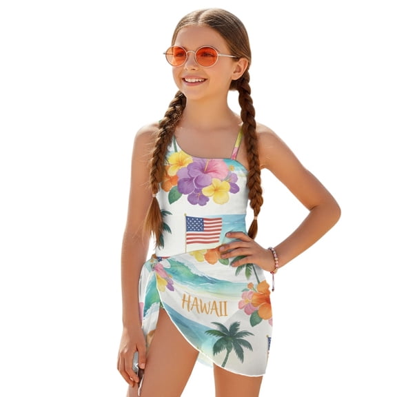 POLERO Hawaiian Tropical Floral One-Piece Swimsuit with Mesh Cover Up Skirt - Quick Dry, Adjustable Straps for Teen Girls Beach Vacation