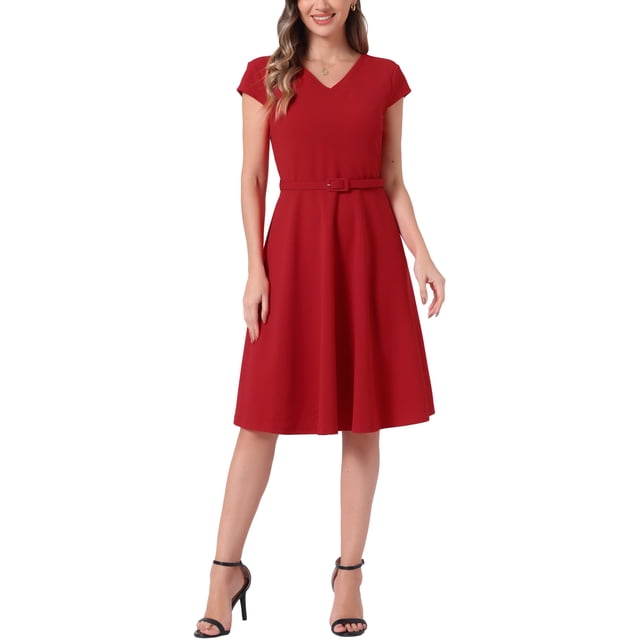 Vestidos de cóctel INSPIRE CHIC para mujeres, con cinturón, escote en V, mangas cortas, vestido fluido en línea A, color rojo