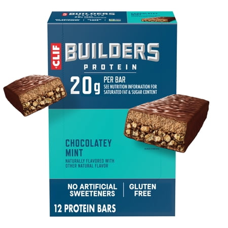 CLIF BUILDERS Protein Bars Chocolate Mint Flavor, Plant Protein, Gluten Free Bars, 12ct