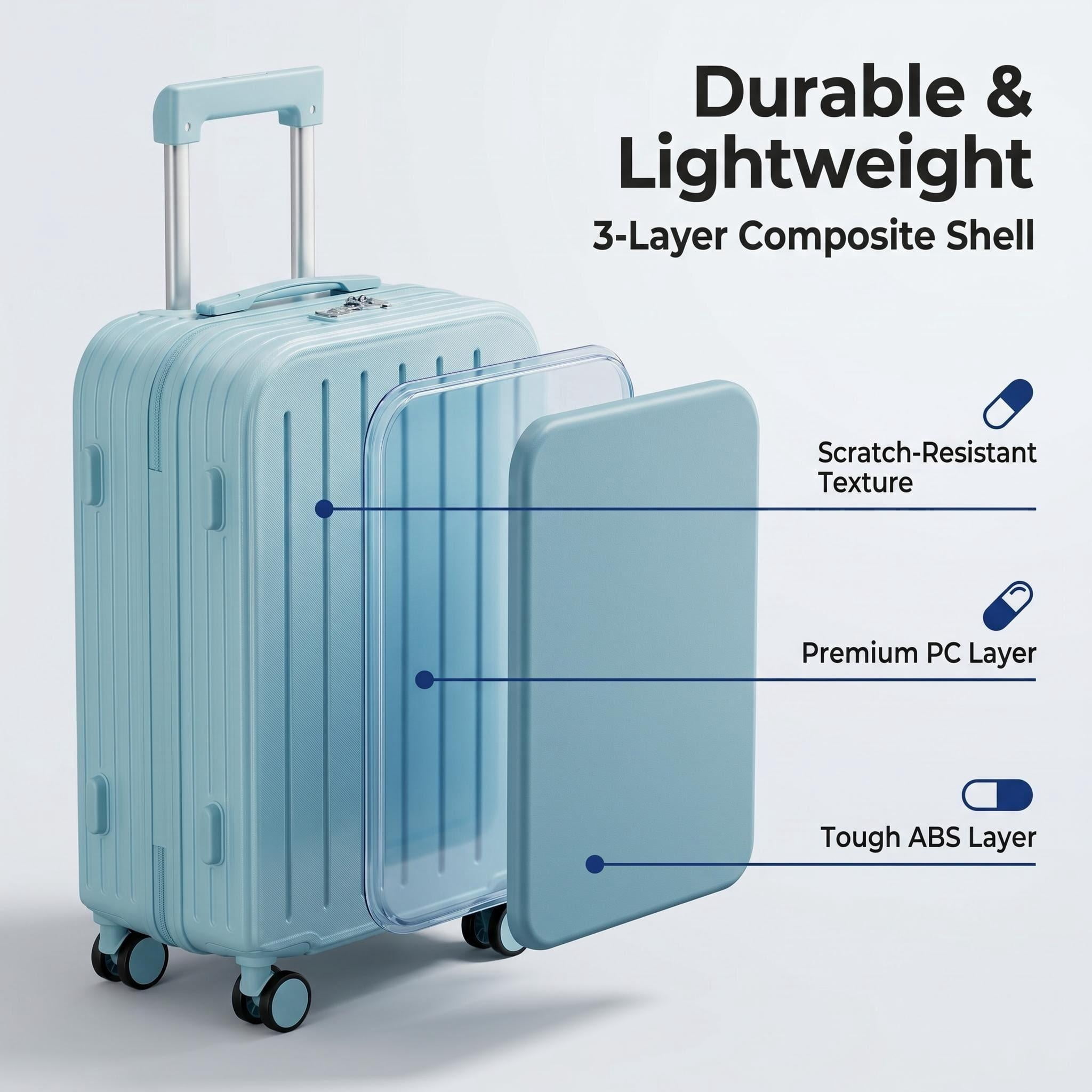 HEMXSZH 20 Inch ABS+PC Hardside Luggage Set with Handbag, USB Port & Cup Holder Suitcase, Blue