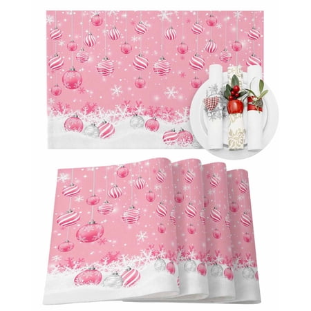 Christmas Placemats Set of 4 Pink Christmas Balls Place Mats Winter Snowy Placemat Table Decoration for Kitchen Table Dinner Xmas Holiday Party Home Decor Indoor Outdoor 13x19 Inch