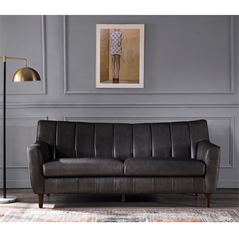Bowery Hill Channel Back Leather Sofa, Small Scale Leather Sofa