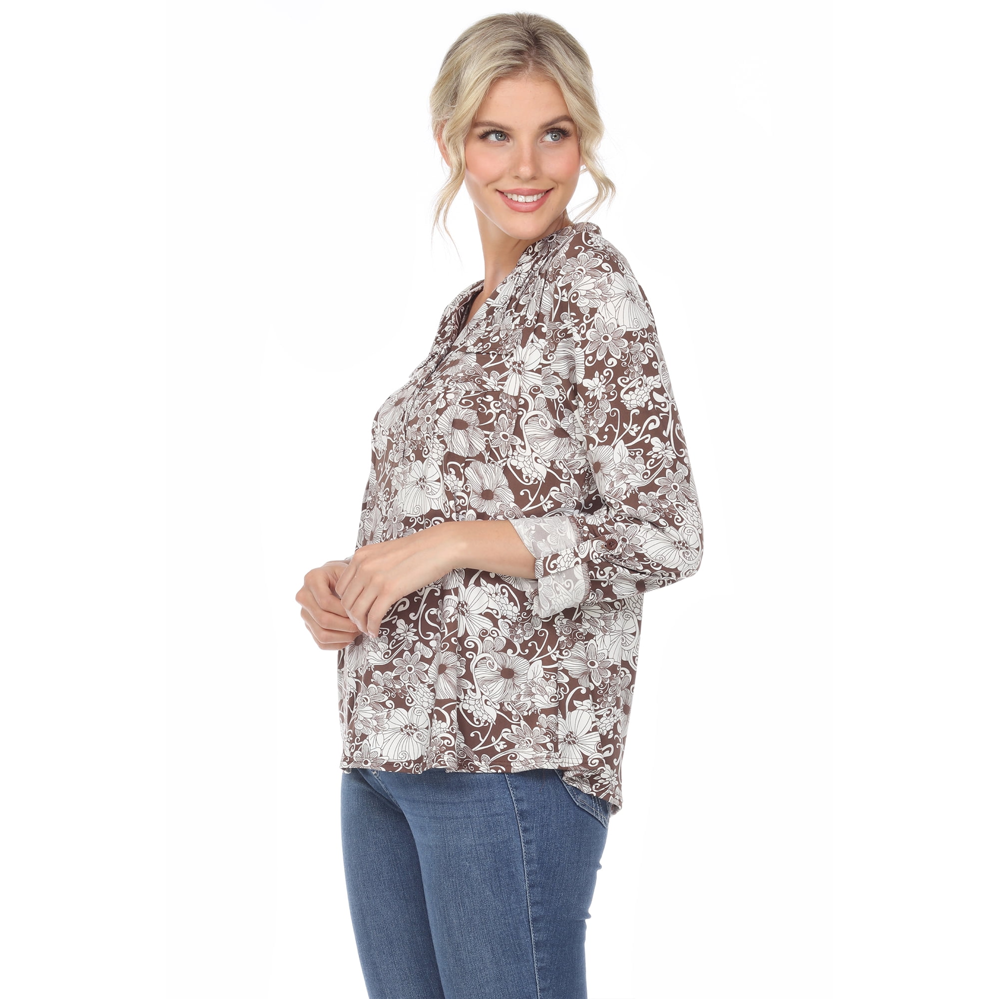 White Mark Women's Pleated 3/4 Sleeve Floral Print Blouse