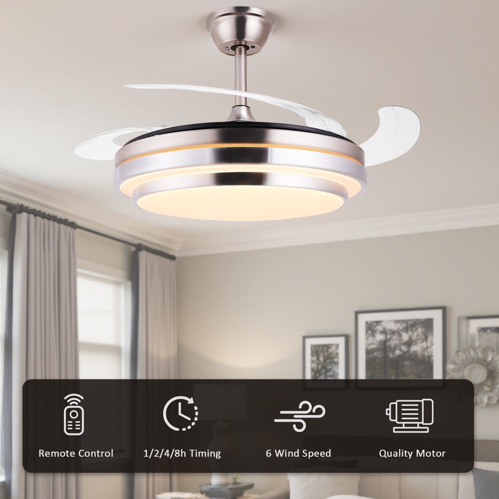 Jacgood 42in 2-in-1 Retractable Ceiling Fan with Dimmable LED Light, Brushed Nickel Fandelier, 6-Speed Quiet DC Motor & Remote Control for Bedroom/Living Room