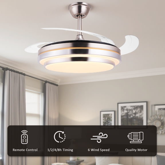 RJFKSNC 42" Smart Retractable Ceiling Fan with Light and Remote, Dimmable LED Fandelier, 6-Speed Reversible DC Motor, Brushed Nickel