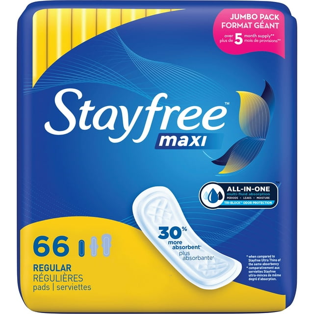 Stayfree Maxi Serviettes Régulières pour Femmes, Sans Ailes, Protection et Absorption Fiables pour les Règles Féminines, 66 Unités