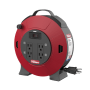 HYPER TOUGH 25 Ft. Retractable Extension Cord Reel With 4 Outlets, Multi-Plug Extension, On/Off Switch & 16AWG SJT Cable, Black/Red