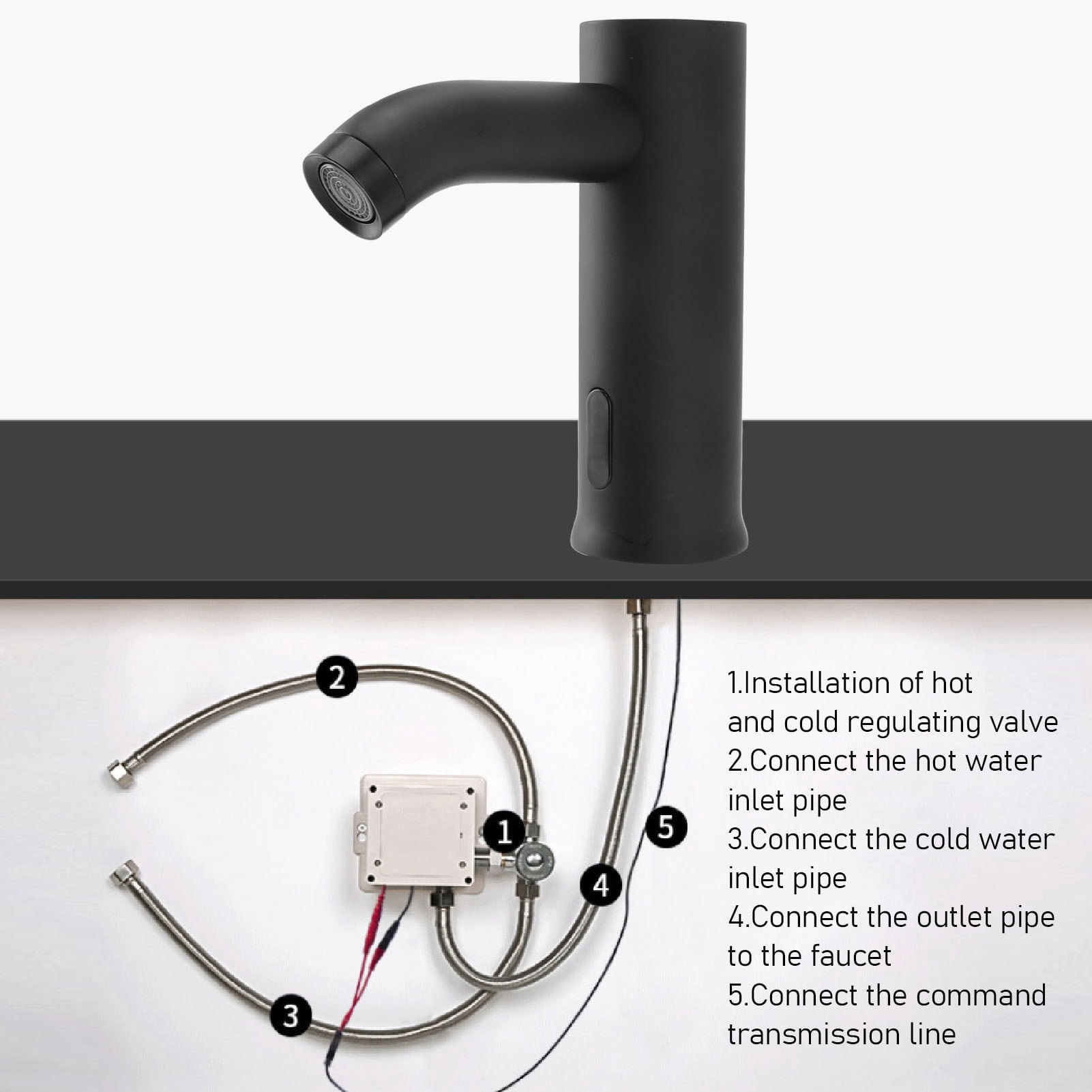 Riousery Black Touchless Bathroom Sink Faucet, Automatic Motion Sensor, Battery Powered, Stainless Steel Constructed Washroom Tap, 5.7 x 6.0 in / 14.5 x 15.2 cm