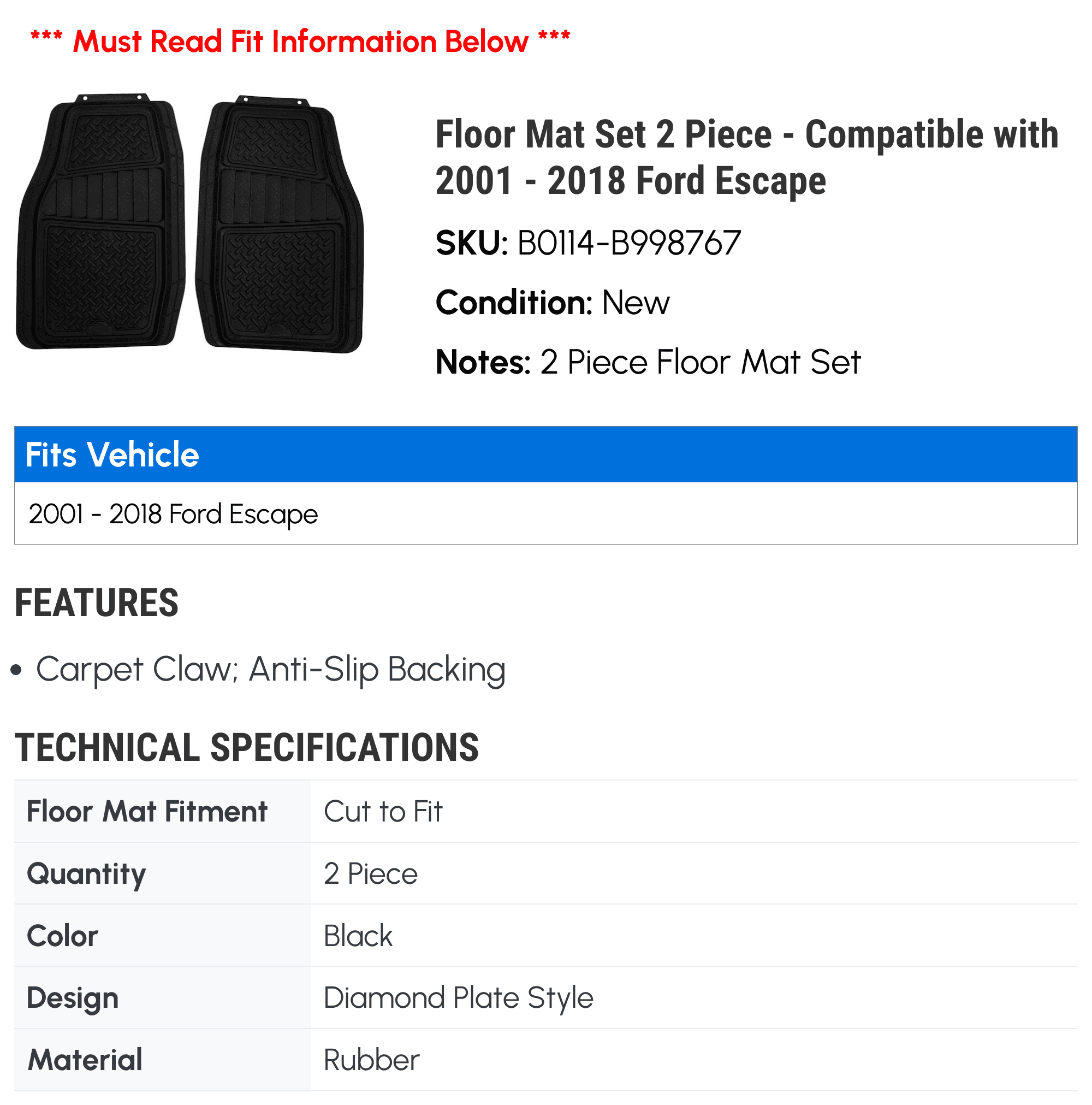 Floor Mat Set 2 Piece - Compatible with 2001 - 2018 Ford Escape 2002 2003 2004 2005 2006 2007 2008 2009 2010 2011 2012 2013 2014 2015 2016 2017