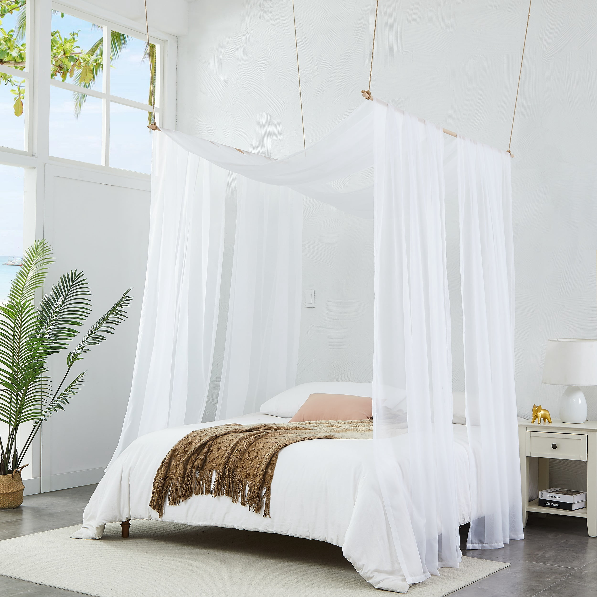 WARM HOME DESIGNS Set of 2 White Twin Canopy Bed Curtains in 55 x 144 inch Size. BE Double White 144