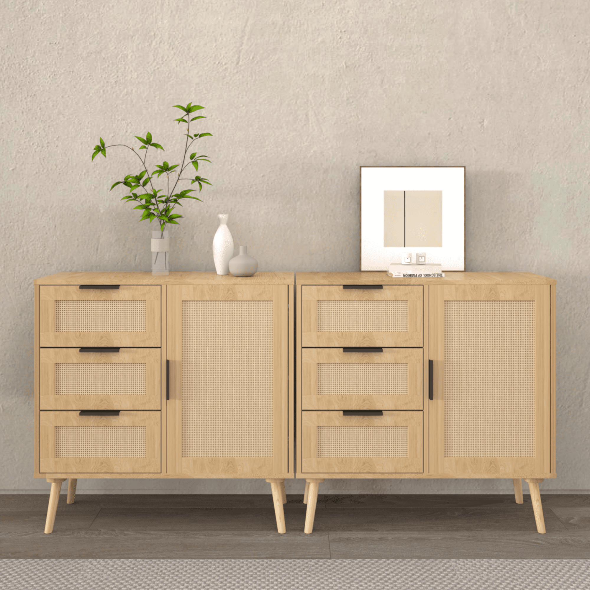 Modern Sideboard Buffet Cabinet with 3 Drawer,Rattan Wood Dresser for Bedroom,Living Room,Entryway,Hallway,Natural